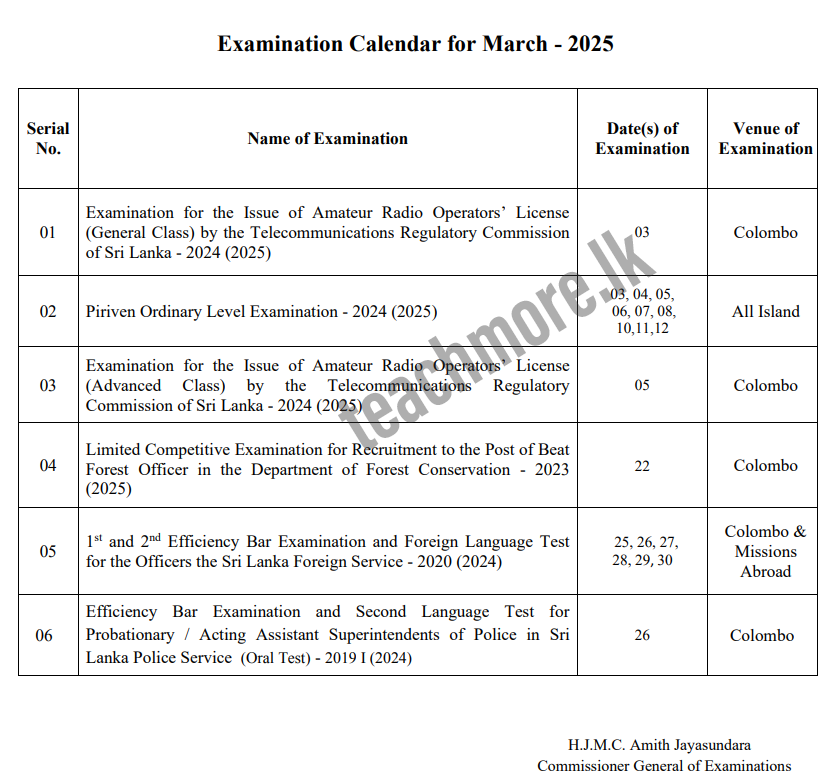 Examination Calendar March 2025