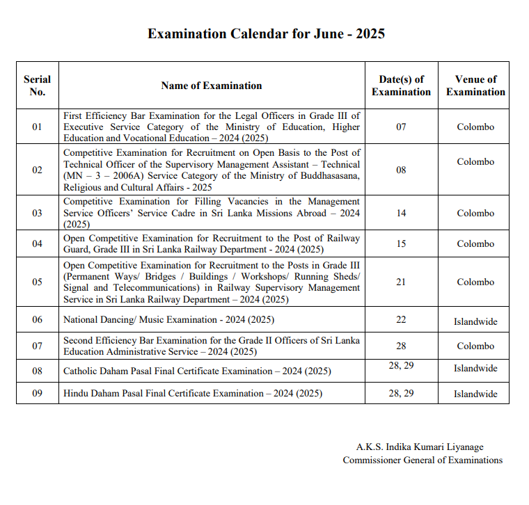 Examination Calendar for June 2025