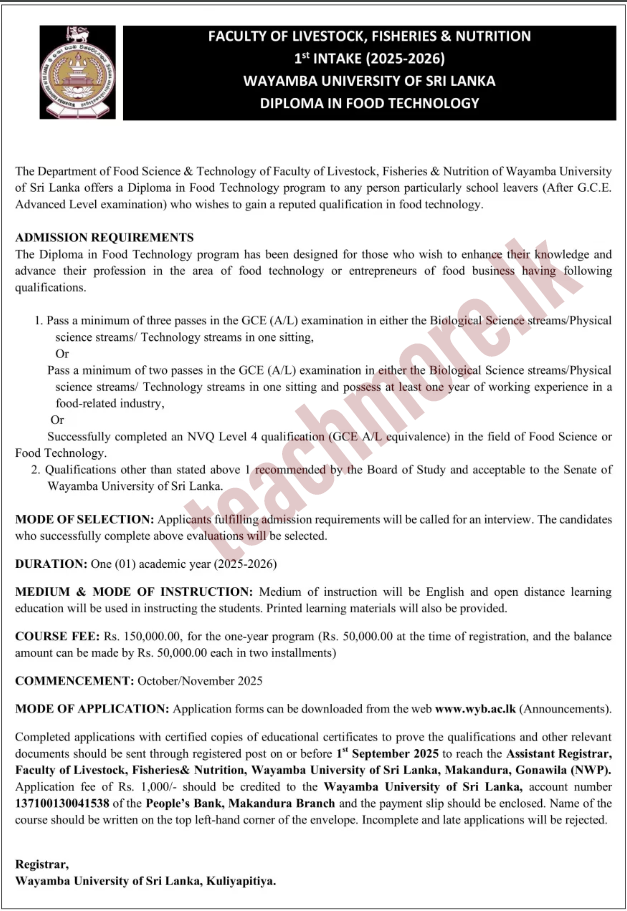 Diploma in Food Technology wayamba