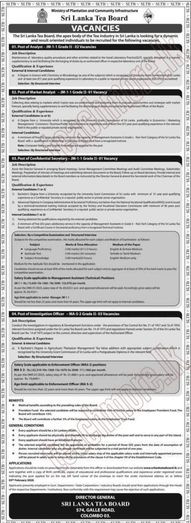 Sri lanka Tea Board Job Vacancies 2026
