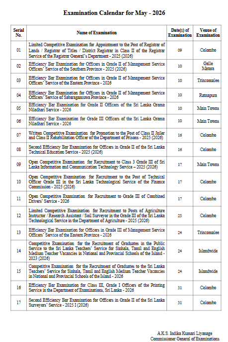 May 2026 Examination Calendar