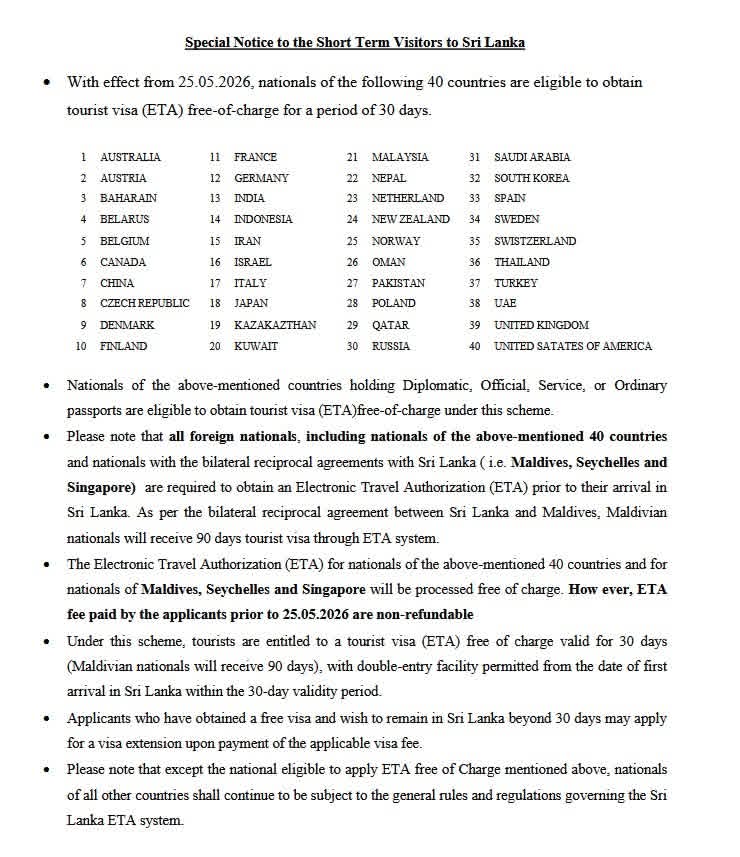 Sri Lanka Free ETA Visa-Announcement