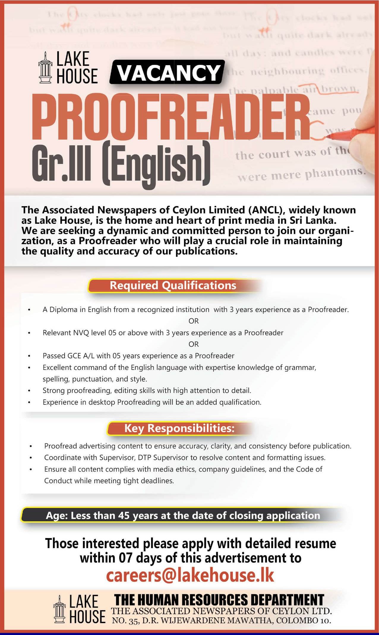 Lake House ANCL Proofreader English and Head of IT career opportunities