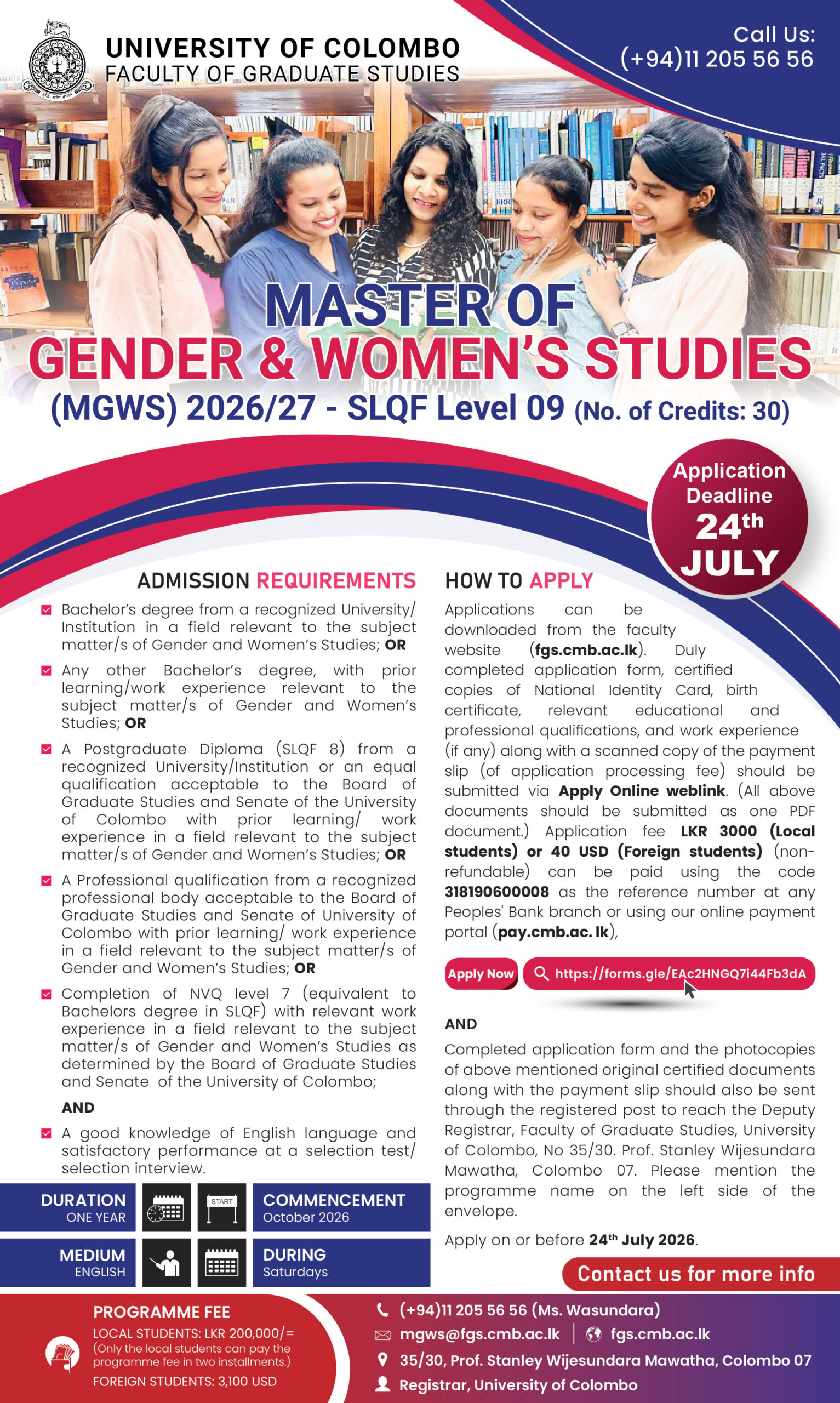 University of Colombo Master of Gender and Women's Studies MGWS 2026/27 application notice – Faculty of Graduate Studies