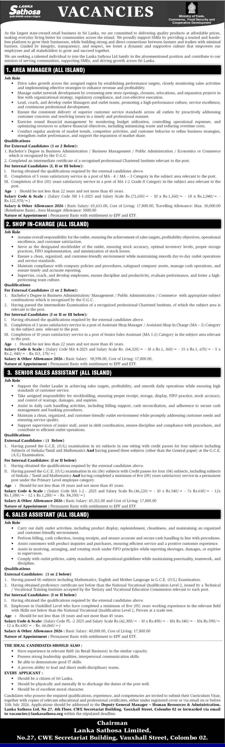 Lanka Sathosa Limited job vacancies 2026 – Area Manager, Shop In-Charge, Senior Sales Assistant, Sales Assistant positions across Sri Lanka