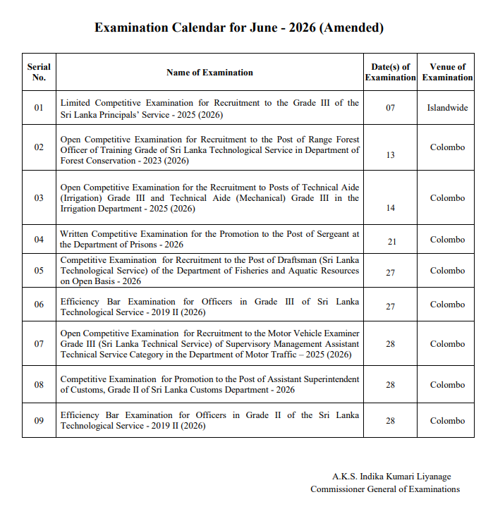 Amended June 2026 Examination Calendar