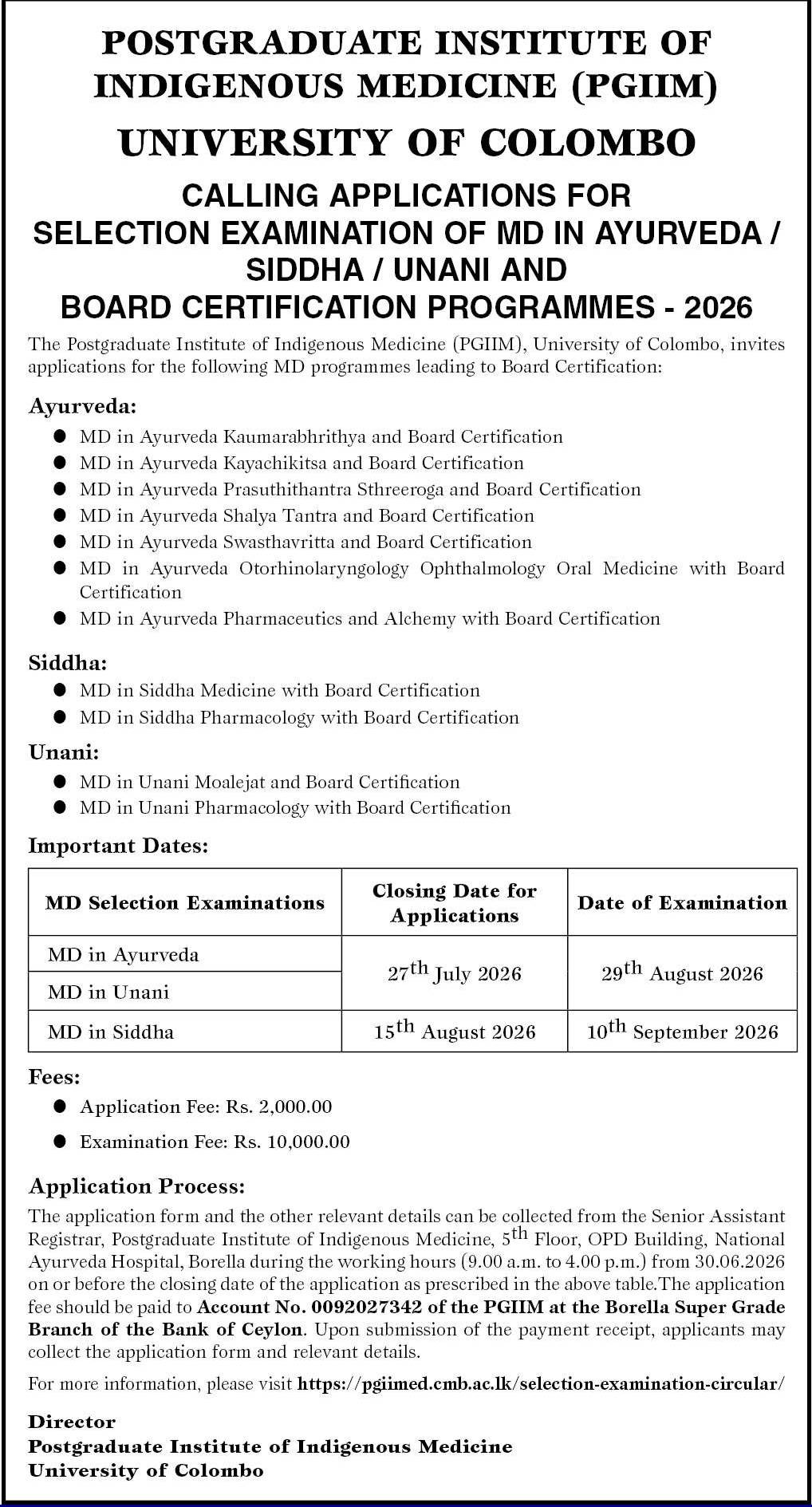 PGIIM University of Colombo MD Selection Examination 2026 official notice for Ayurveda, Siddha and Unani postgraduate medical programmes