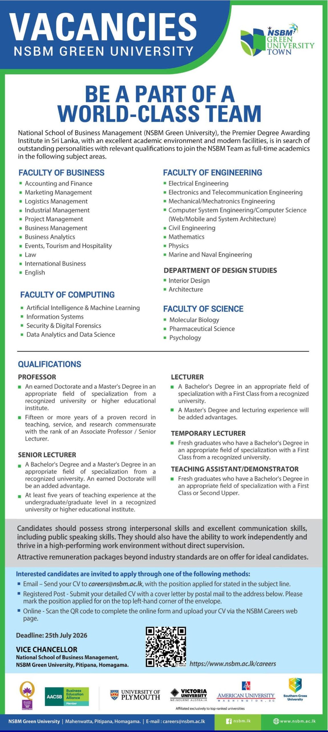 NSBM Green University academic vacancies 2026 official recruitment notice