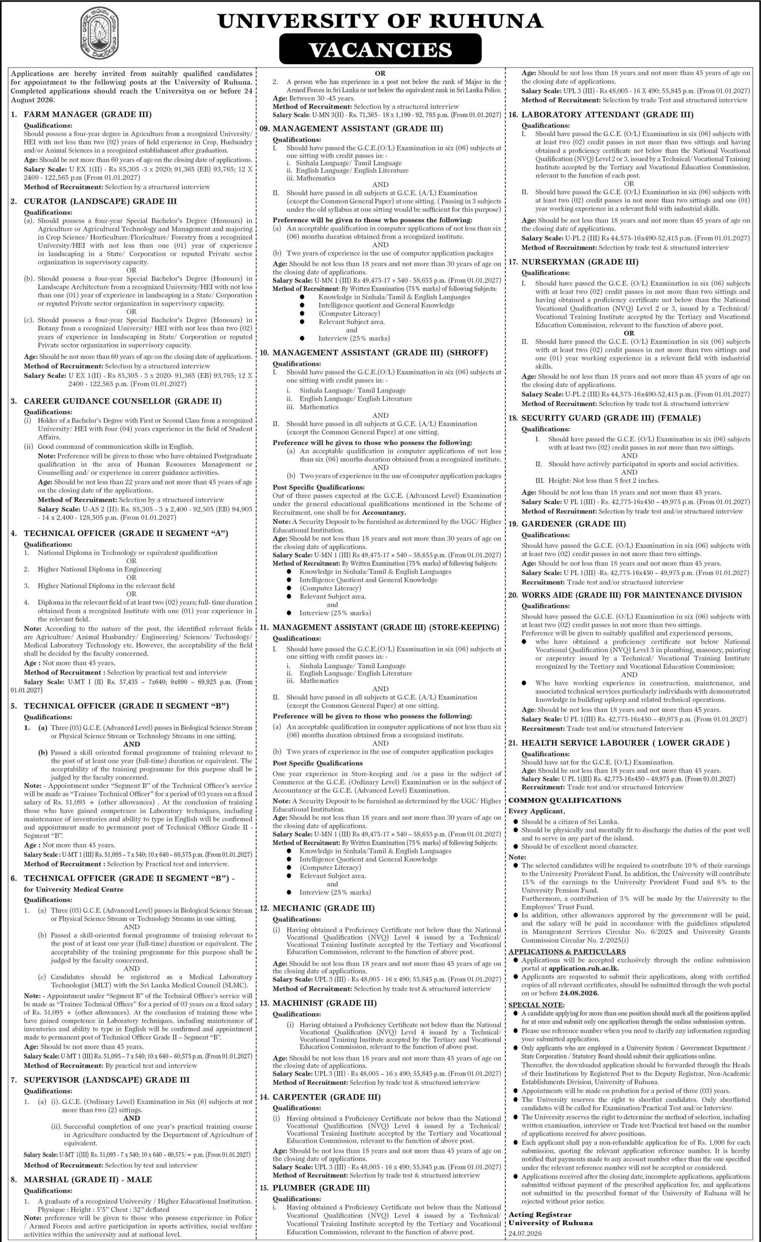 University of Ruhuna non-academic job vacancies 2026 notice Southern Province Sri Lanka