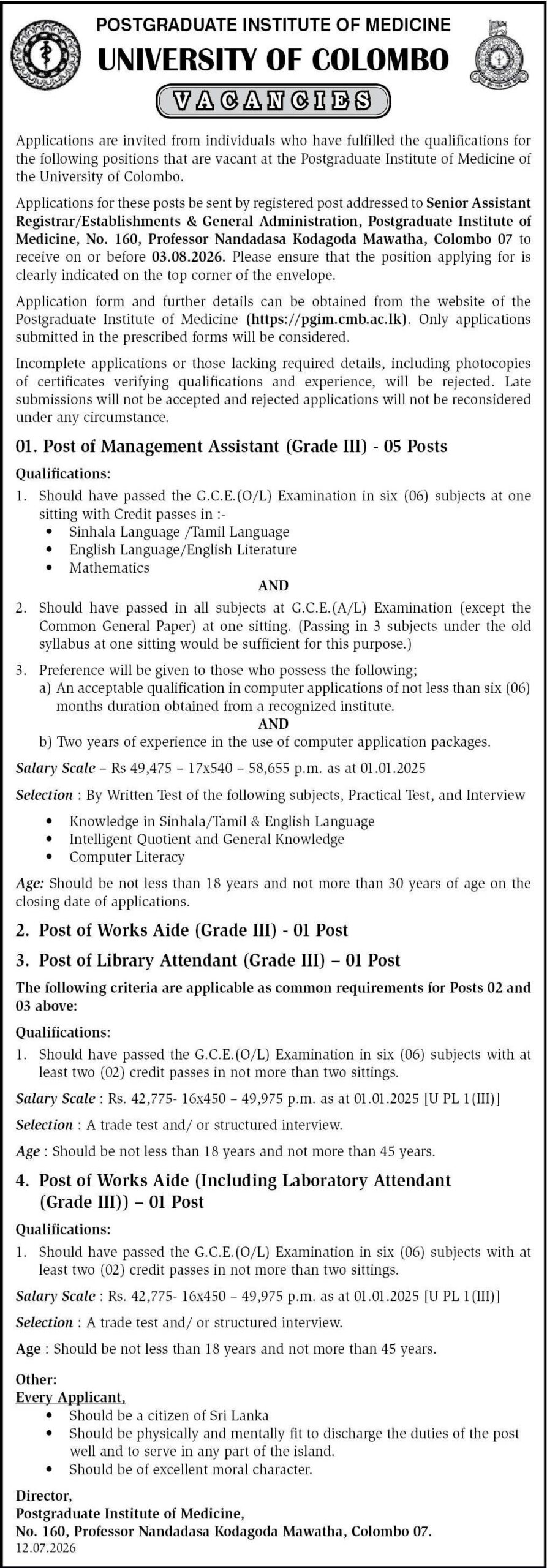 Postgraduate Institute of Medicine University of Colombo vacancies 2026 official recruitment notice