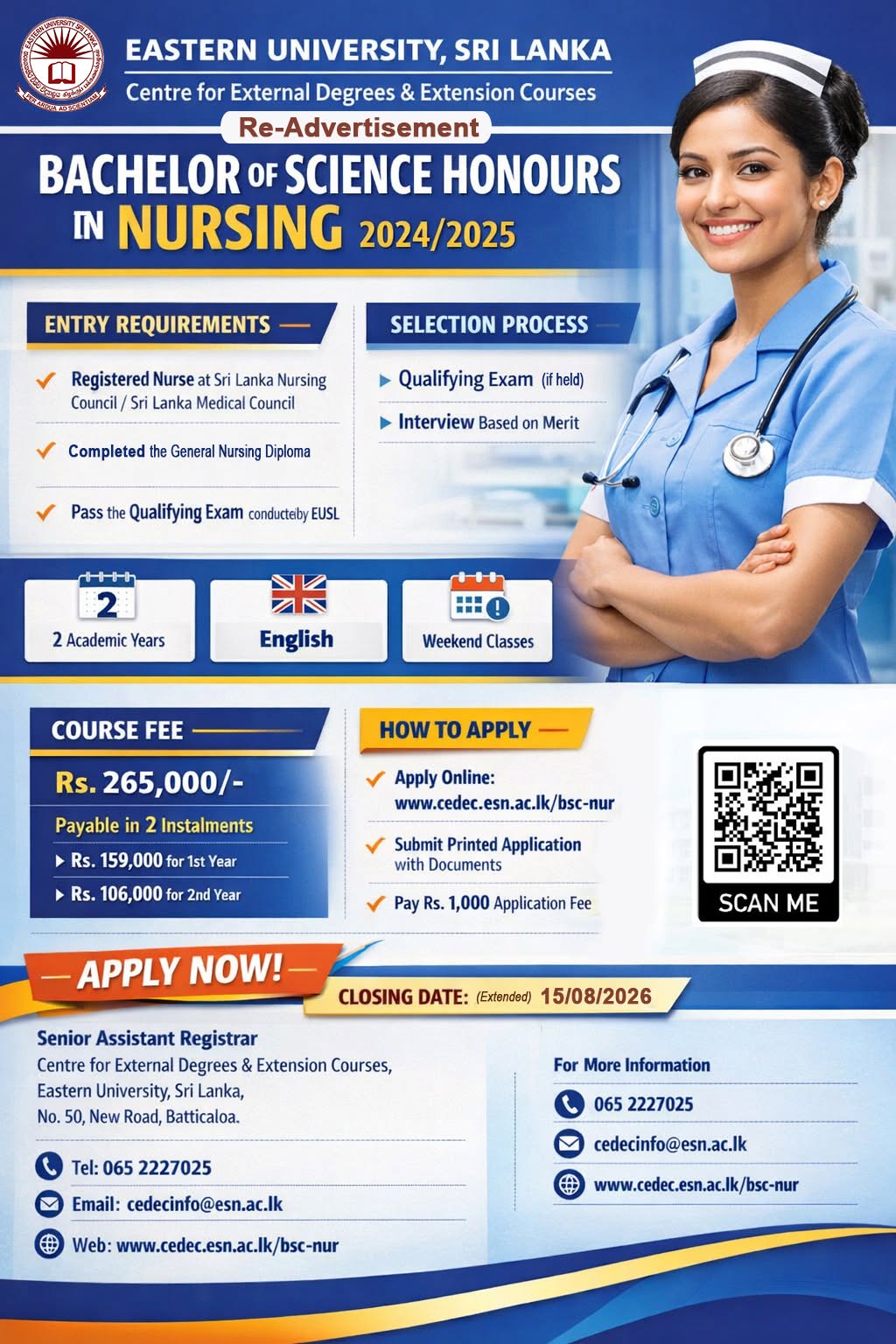 Eastern University Sri Lanka BSc Hons Nursing External Degree 2024 2025 CEDEC application notice