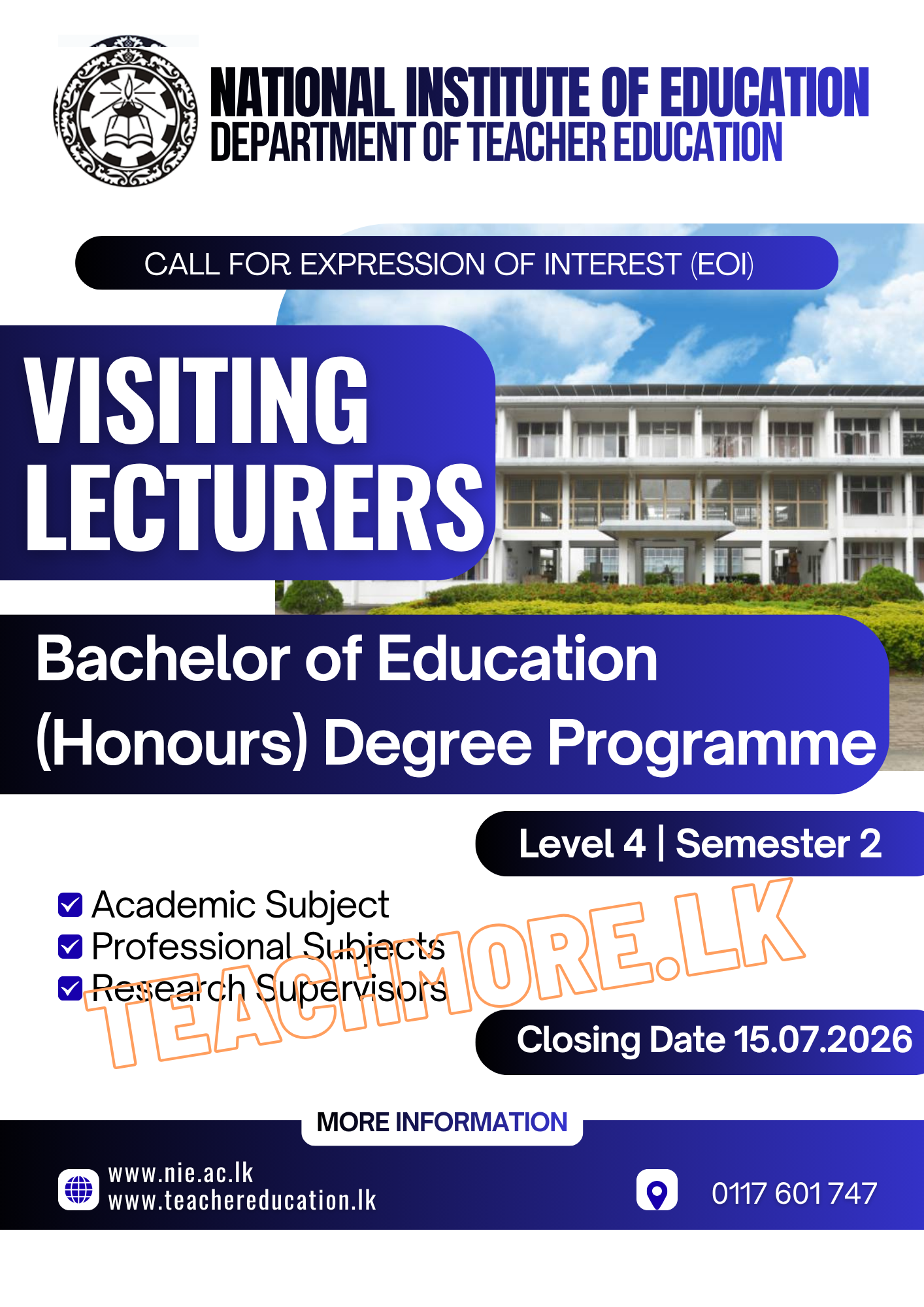 NIE Visiting Lecturers 2026 EOI notice – National Institute of Education BEd Honours programme