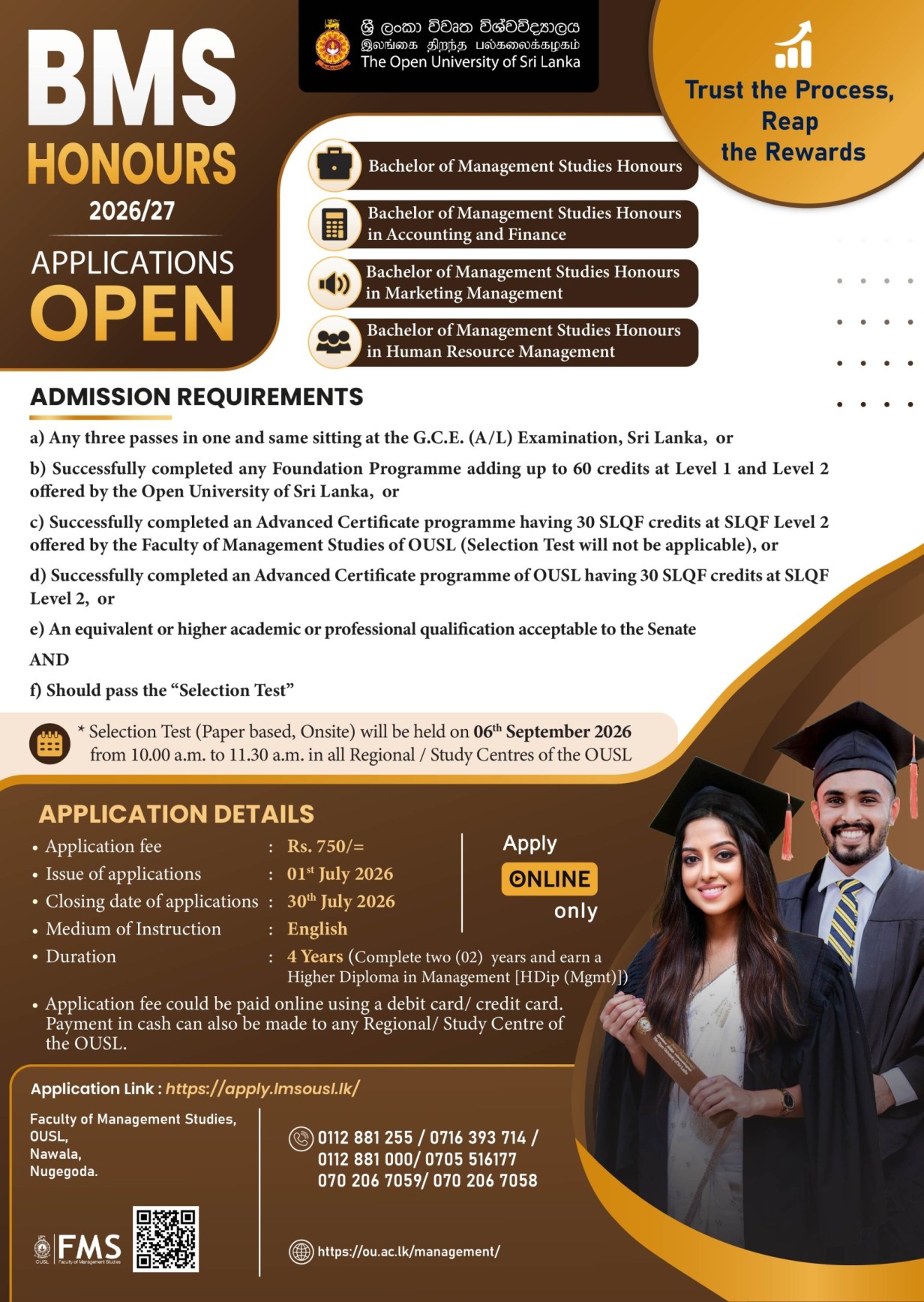 OUSL Bachelor of Management Studies BMS Hons 2026/2027 application notice – Open University of Sri Lanka