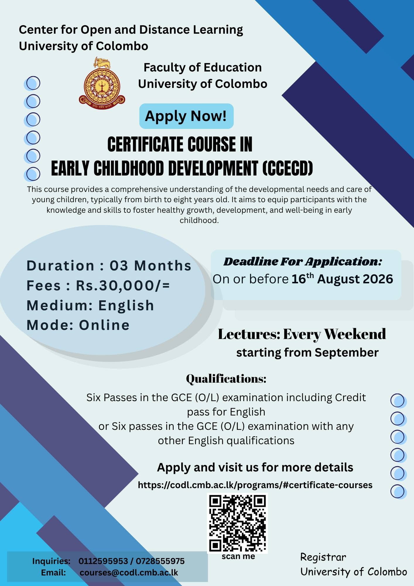 University of Colombo CODL Certificate Course in Early Childhood Development CCECD 2026 notice