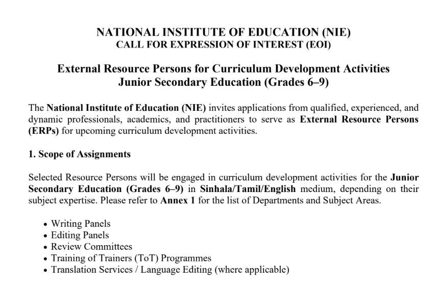 National Institute of Education EOI call for external resource persons Grades 6-9 curriculum development