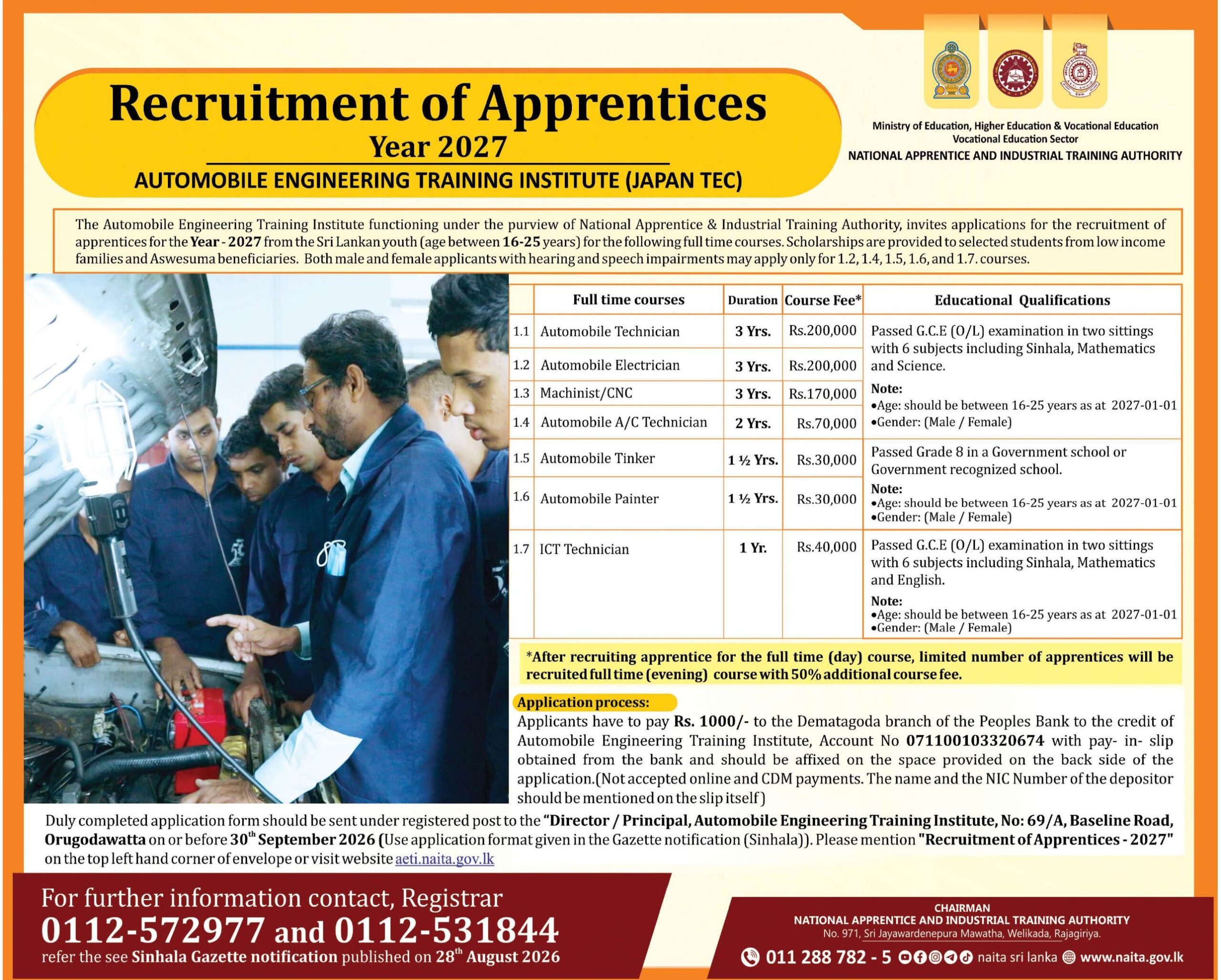 NAITA Automobile Engineering Training Institute Japan Tech apprentice recruitment 2027 notice