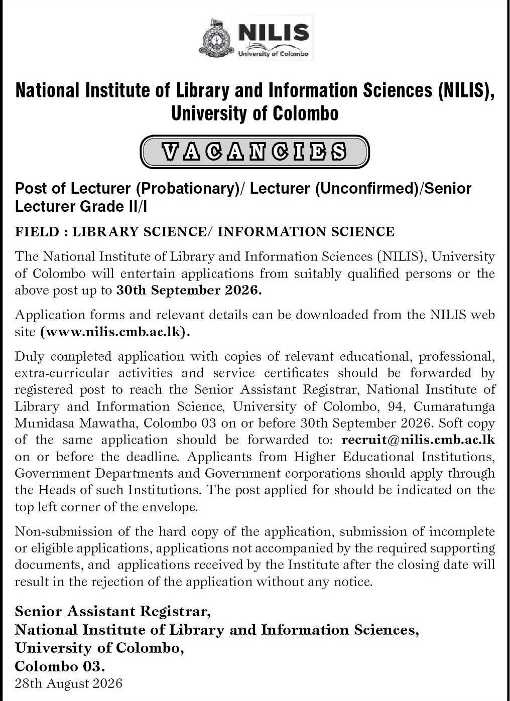 NILIS University of Colombo Academic Vacancies 2026