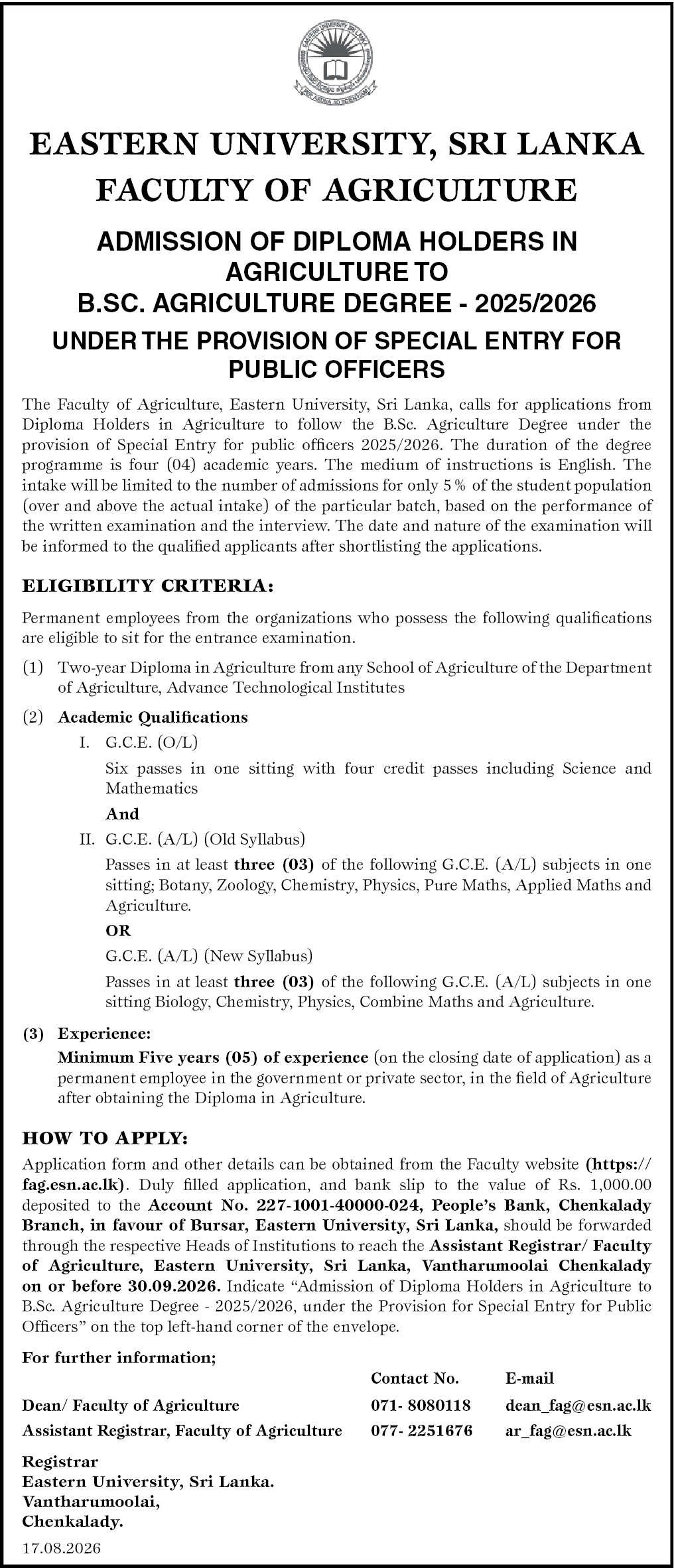 Eastern University BSc Agriculture Degree Admission 2025/2026 for Diploma Holders