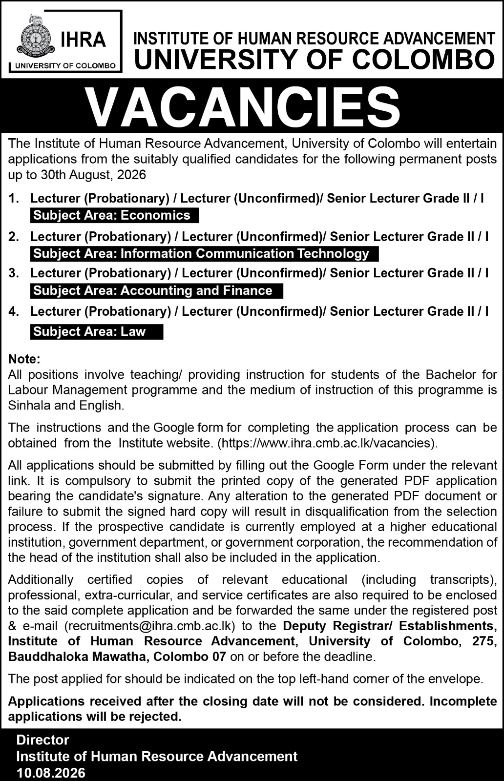 IHRA University of Colombo Academic Vacancies 2026 Notice