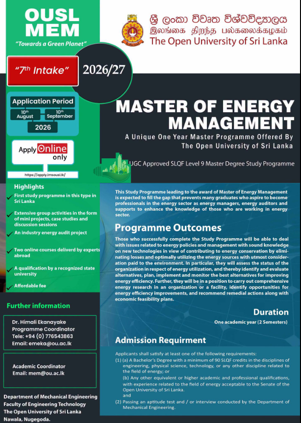 Open University of Sri Lanka Master of Energy Management 7th Intake 2026 27 Applications Open