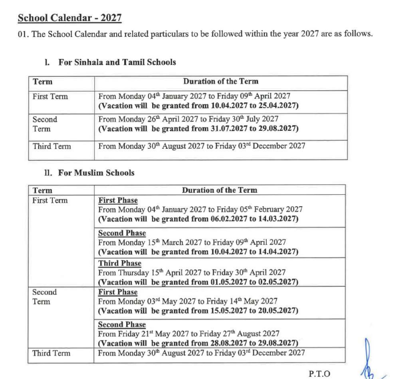 Ministry of Education Sri Lanka School Calendar 2027 Term Plan Circular No 31-2026 Scan