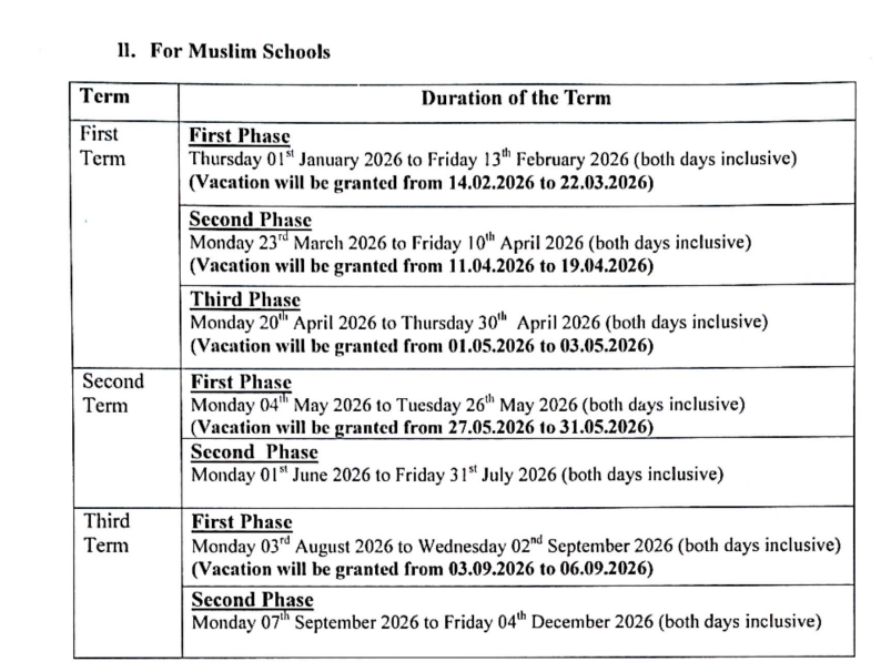 Ministry of Education Sri Lanka Muslim Schools Third Term Vacation Schedule 2026 Notice