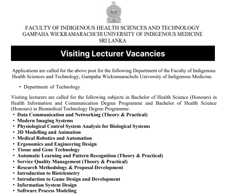 Gampaha Wickramarachchi University Visiting Lecturer Vacancies 2026