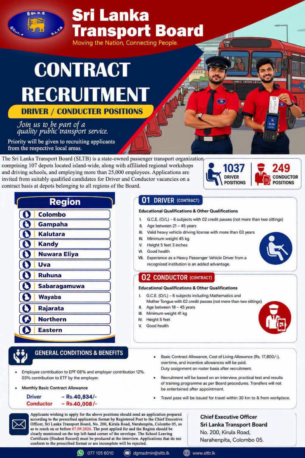 Sri Lanka Transport Board SLTB Contract Driver and Conductor Recruitment 2026 1286 Vacancies