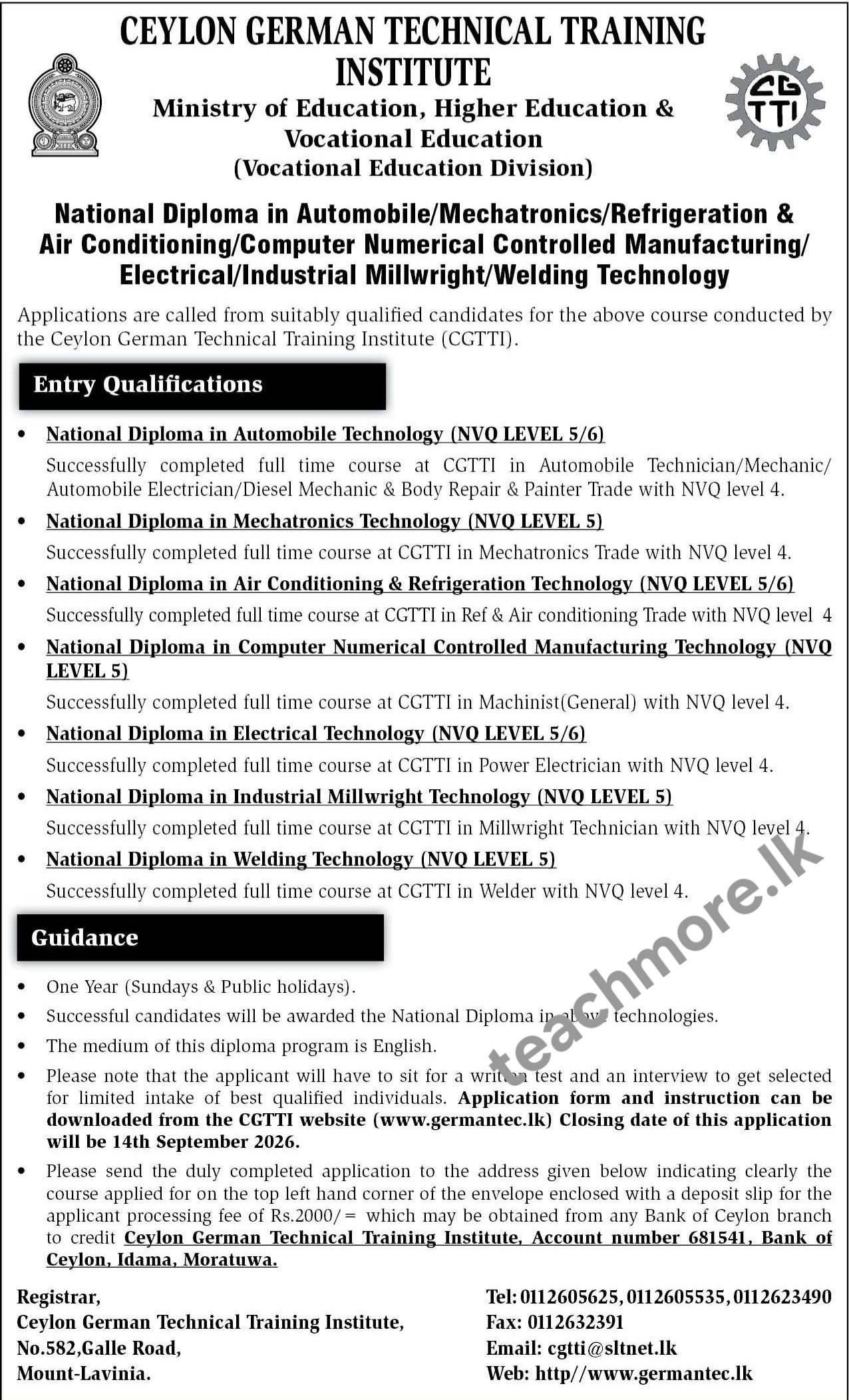 Ceylon German Technical Training Institute CGTTI National Diploma Courses Admission Notice 2026