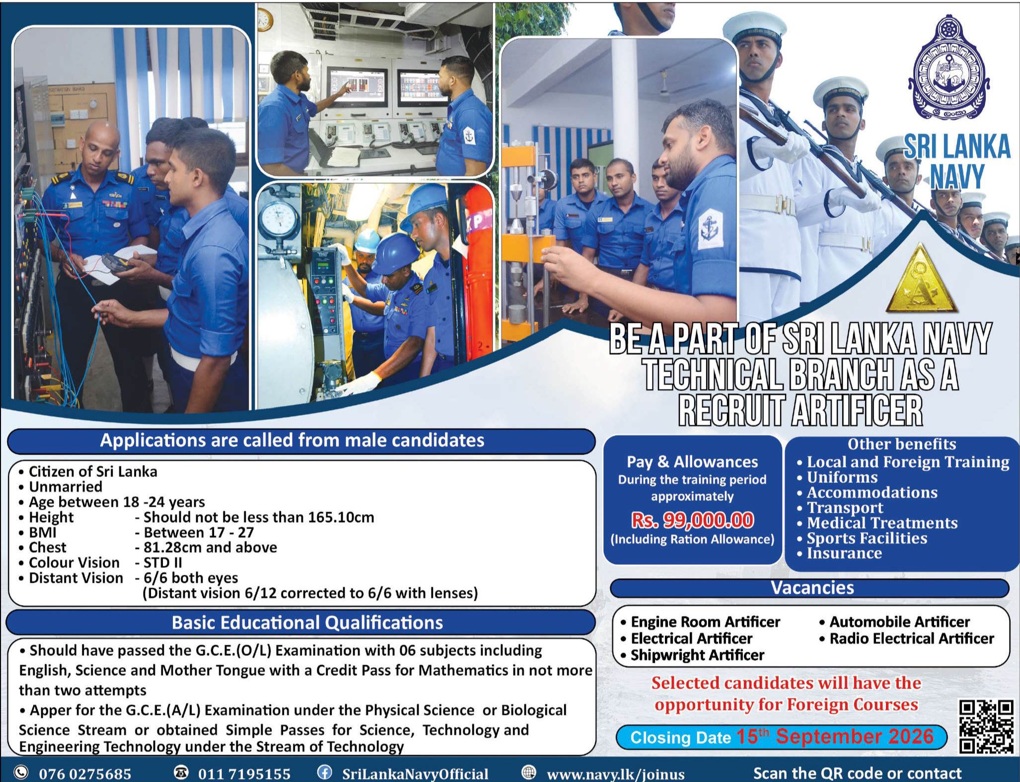 Sri Lanka Navy Recruit Artificer Technical Branch Vacancies 2026 Paper Advertisement
