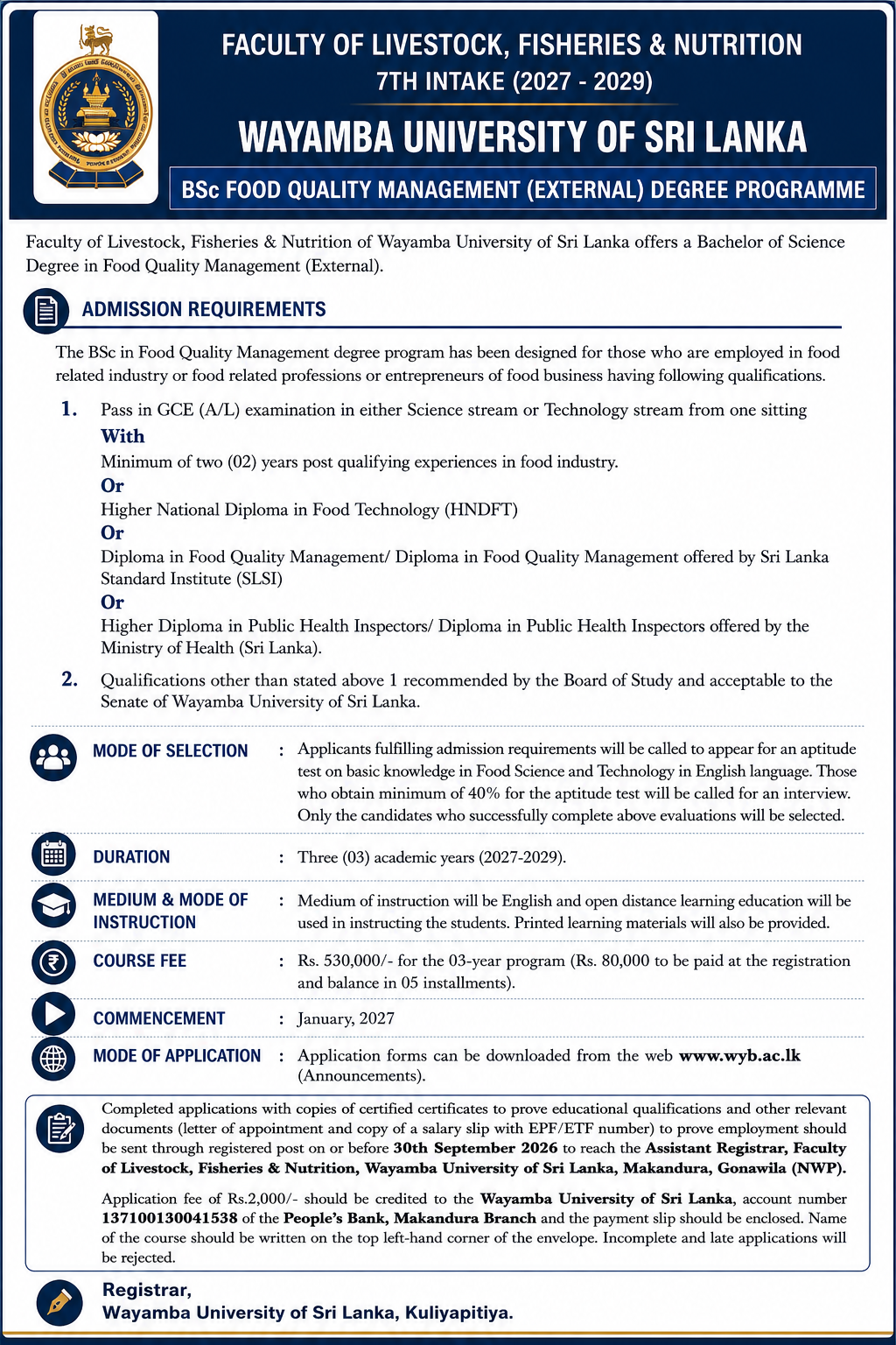 Wayamba University of Sri Lanka BSc Food Quality Management External Degree 7th Intake 2027 2029 Admission Notice