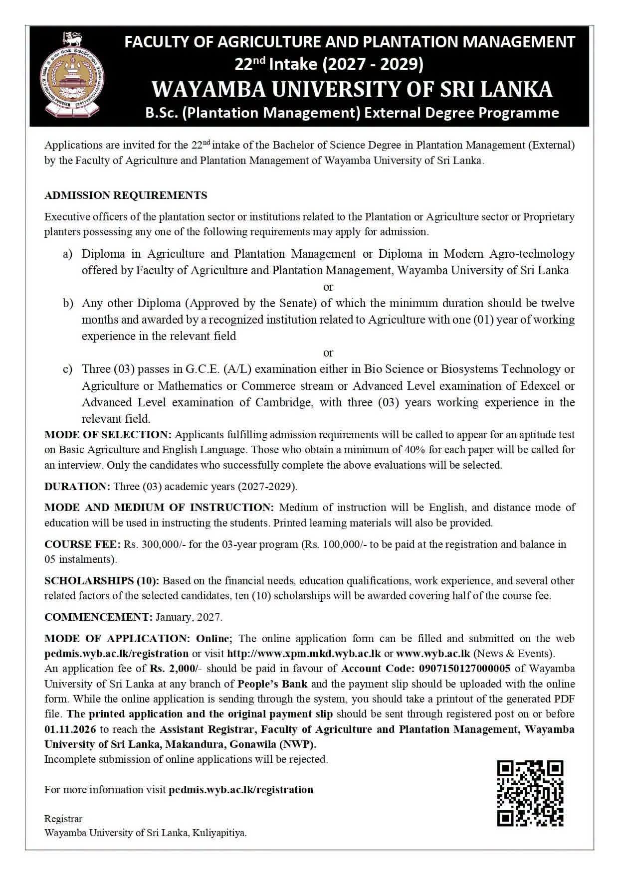 Wayamba University of Sri Lanka BSc in Plantation Management External Degree 2027 2029 Intake wyb ac lk