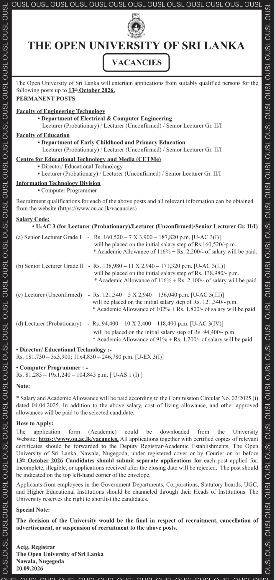 The Open University of Sri Lanka OUSL Academic Administrative and Technical Vacancies 2026 ou ac lk