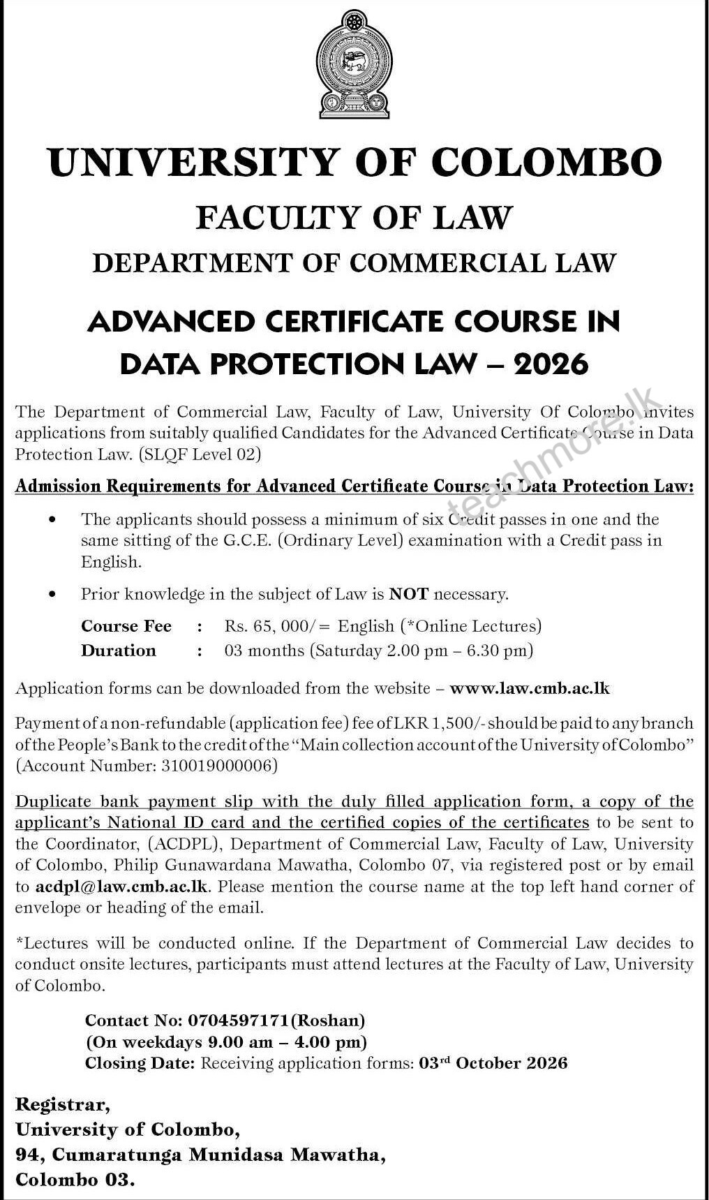 University of Colombo Advanced Certificate Course in Data Protection Law 2026 Application