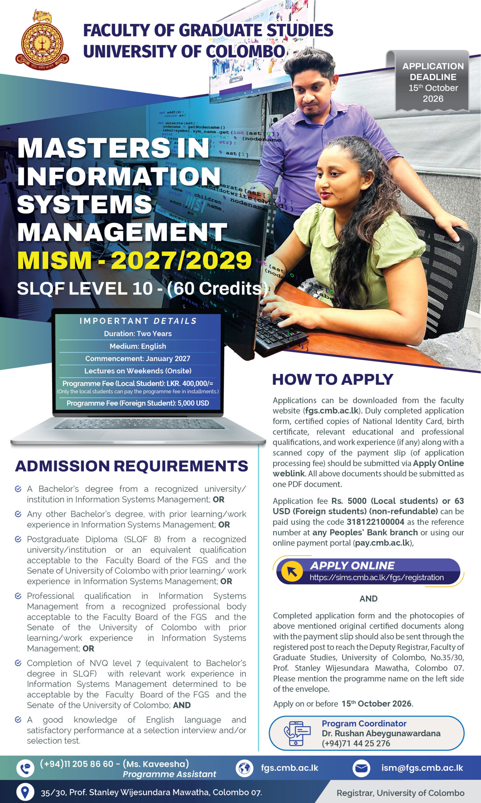 University of Colombo Masters in Information Systems Management MISM Admission 2027 2029 Application Notice