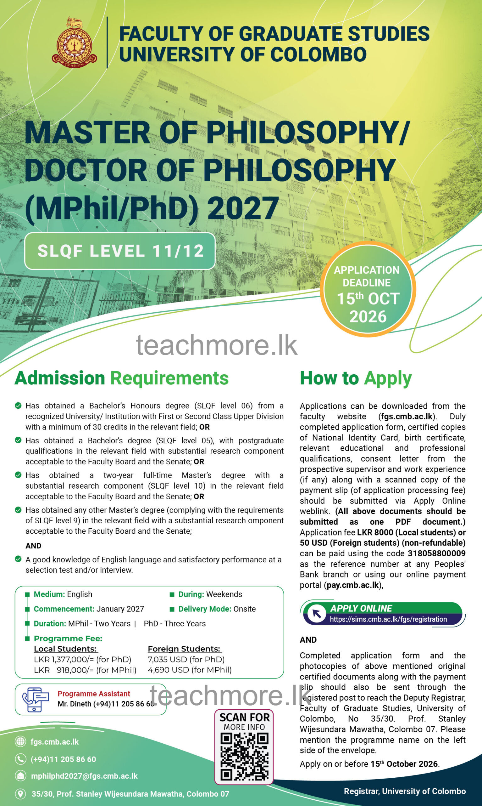University of Colombo MPhil PhD Programme 2027 Faculty of Graduate Studies FGS Application Form fgs cmb ac lk