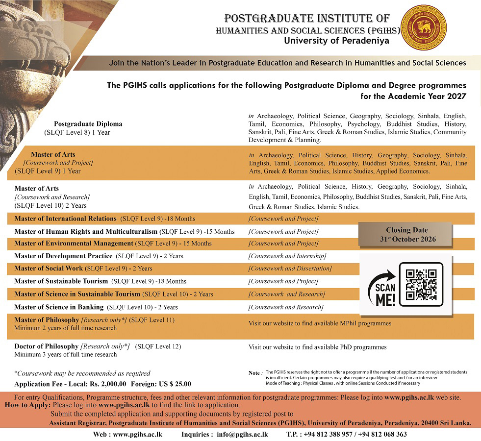 University of Peradeniya PGIHS Postgraduate Admissions 2027 Degree Programmes