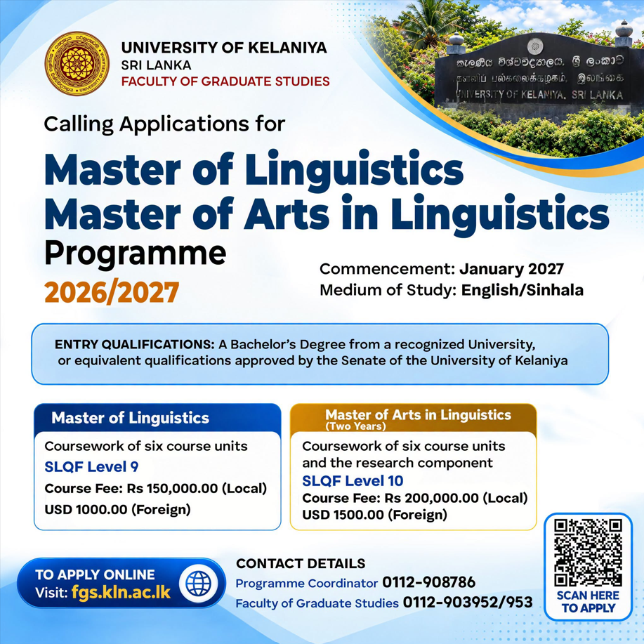 Official postgraduate admission notice for Linguistics programmes 2026/2027 from University of Kelaniya