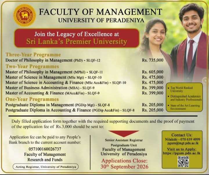 University of Peradeniya Faculty of Management postgraduate programmes 2026 PhD MPhil Masters PGDip