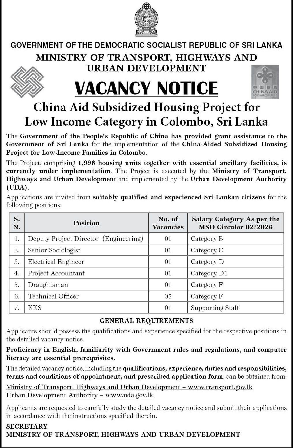 Ministry of Transport Highways Urban Development China Aid Subsidized Housing Project Vacancies 2026 UDA