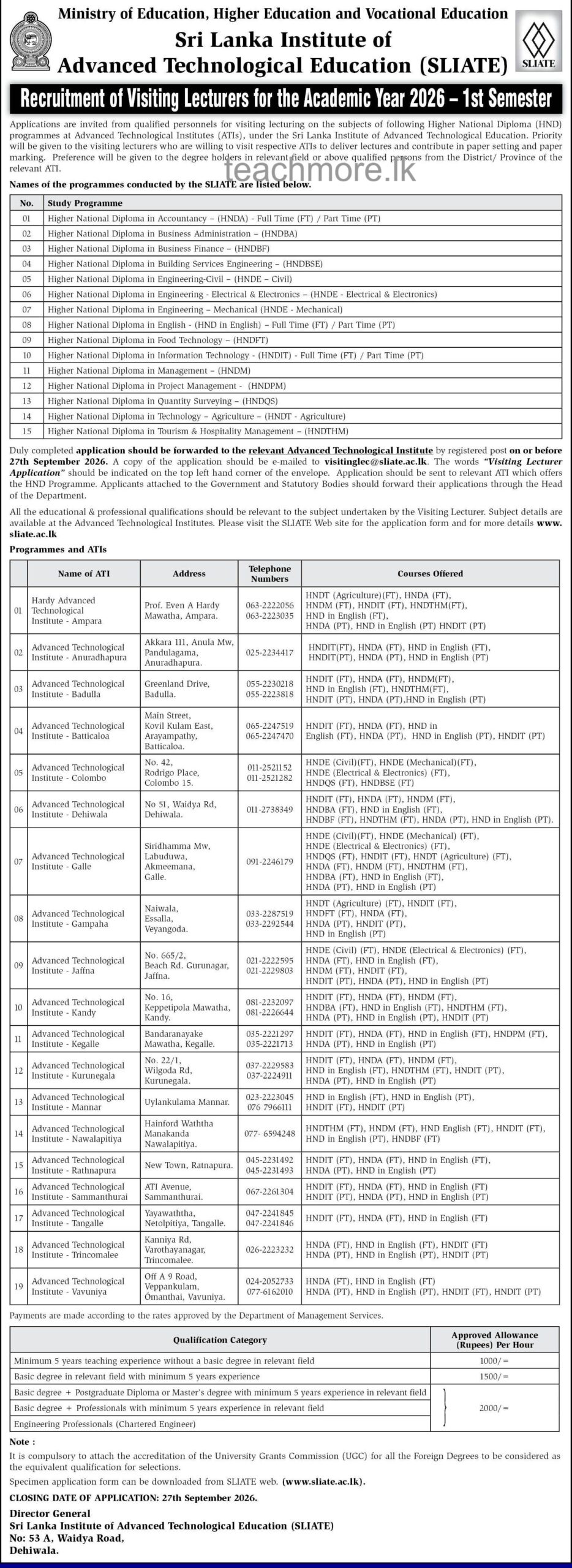 SLIATE Visiting Lecturer Recruitment 2026 1st Semester HND Programmes Application Form