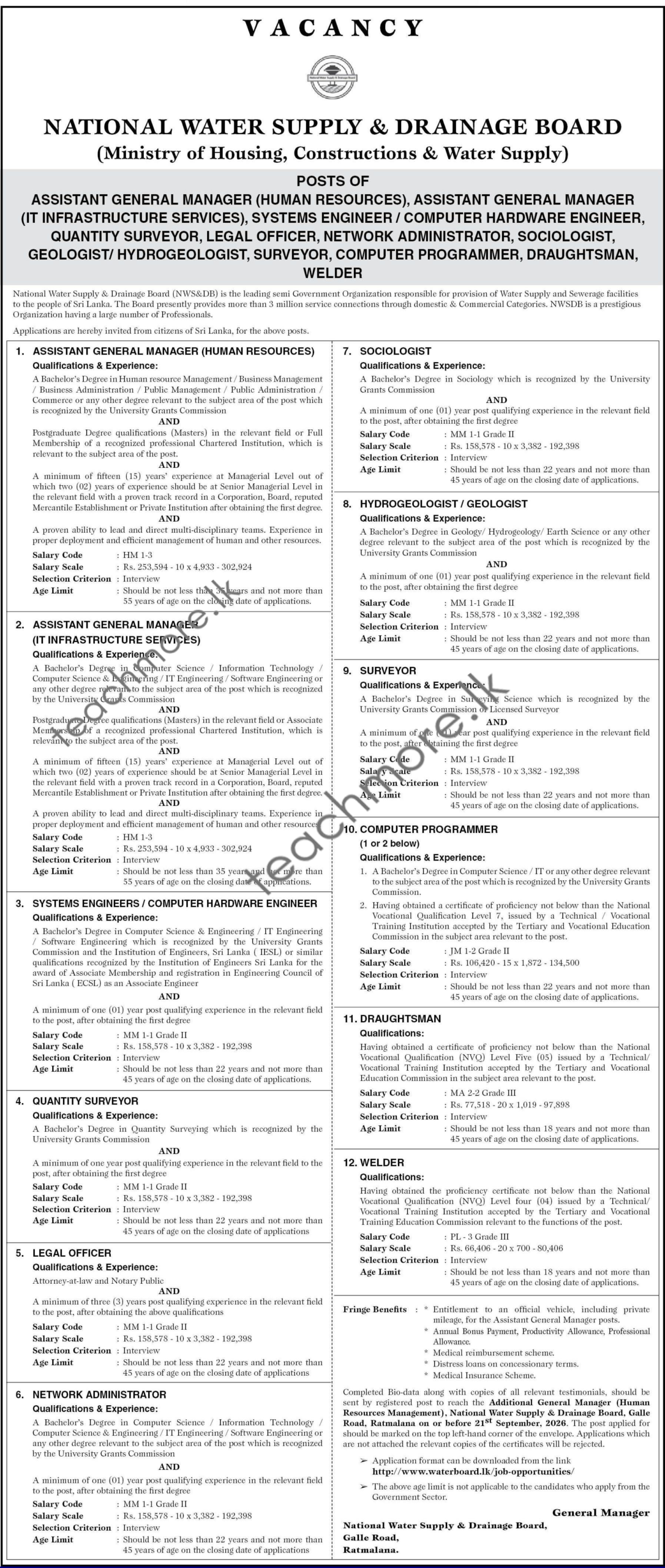National Water Supply and Drainage Board NWSDB senior and technical vacancies 2026