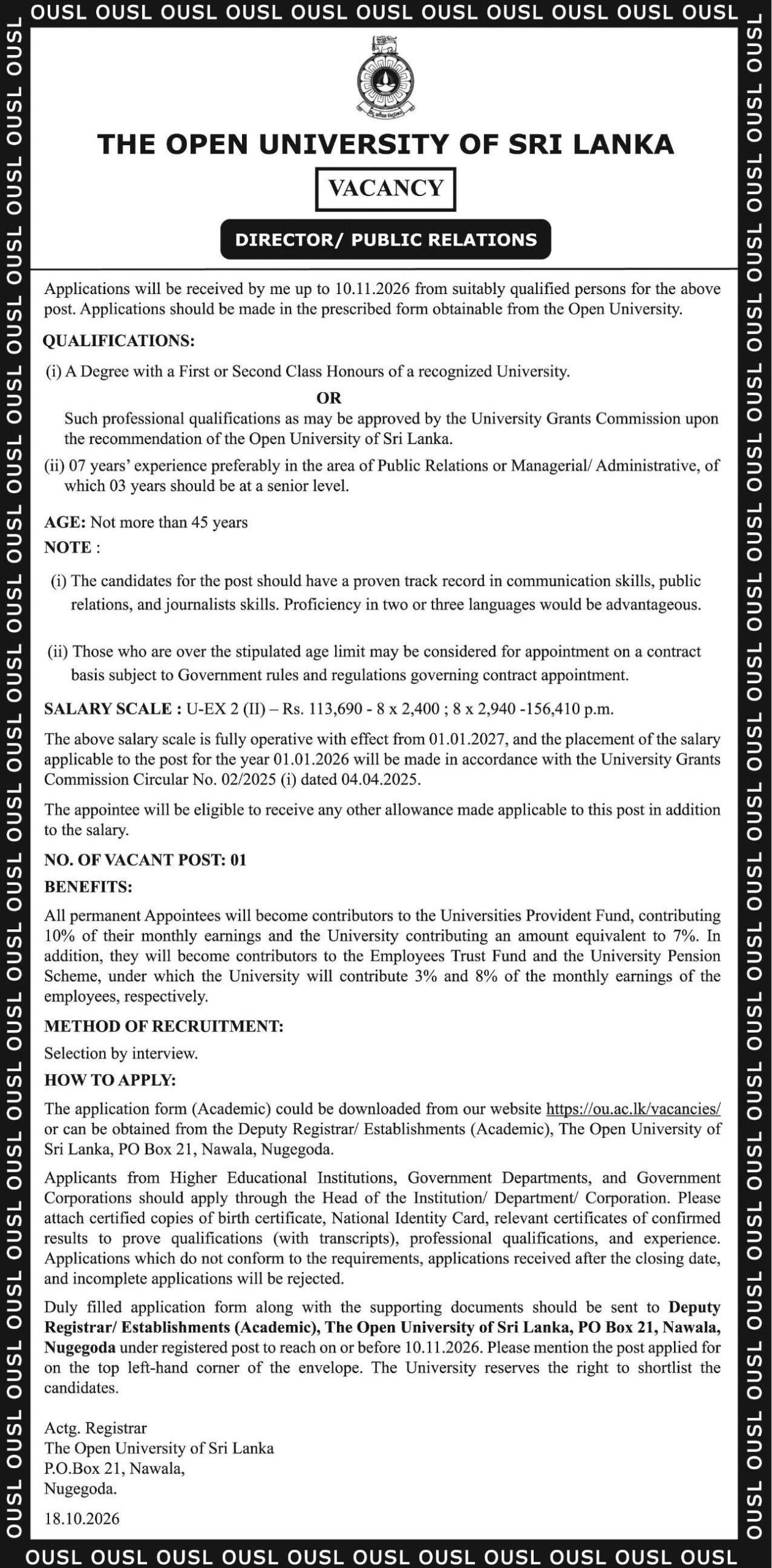 Official recruitment notice for The Open University of Sri Lanka Director Public Relations vacancy 2026