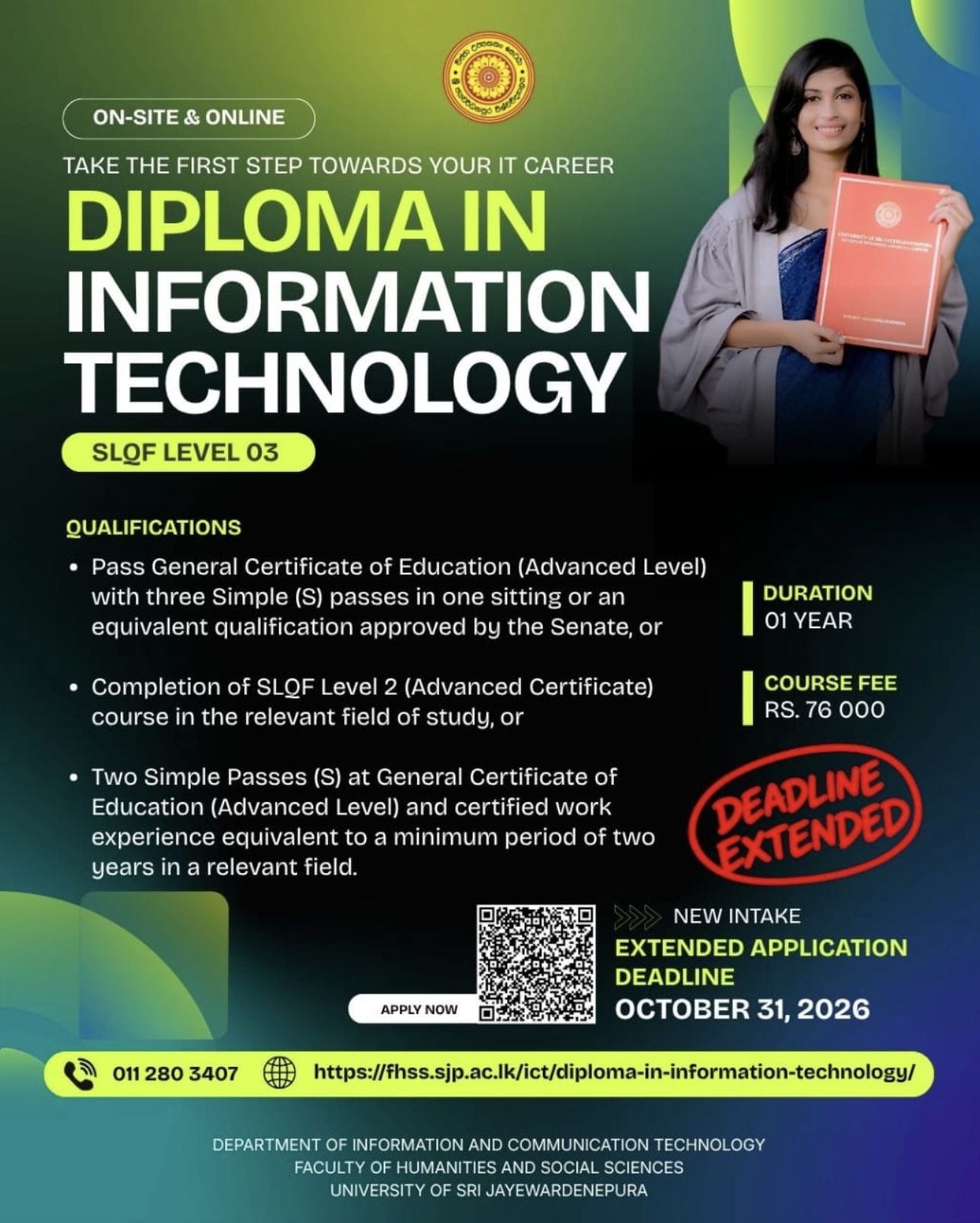 University of Sri Jayewardenepura Diploma in Information Technology DIT Application Extended Deadline sjp ac lk