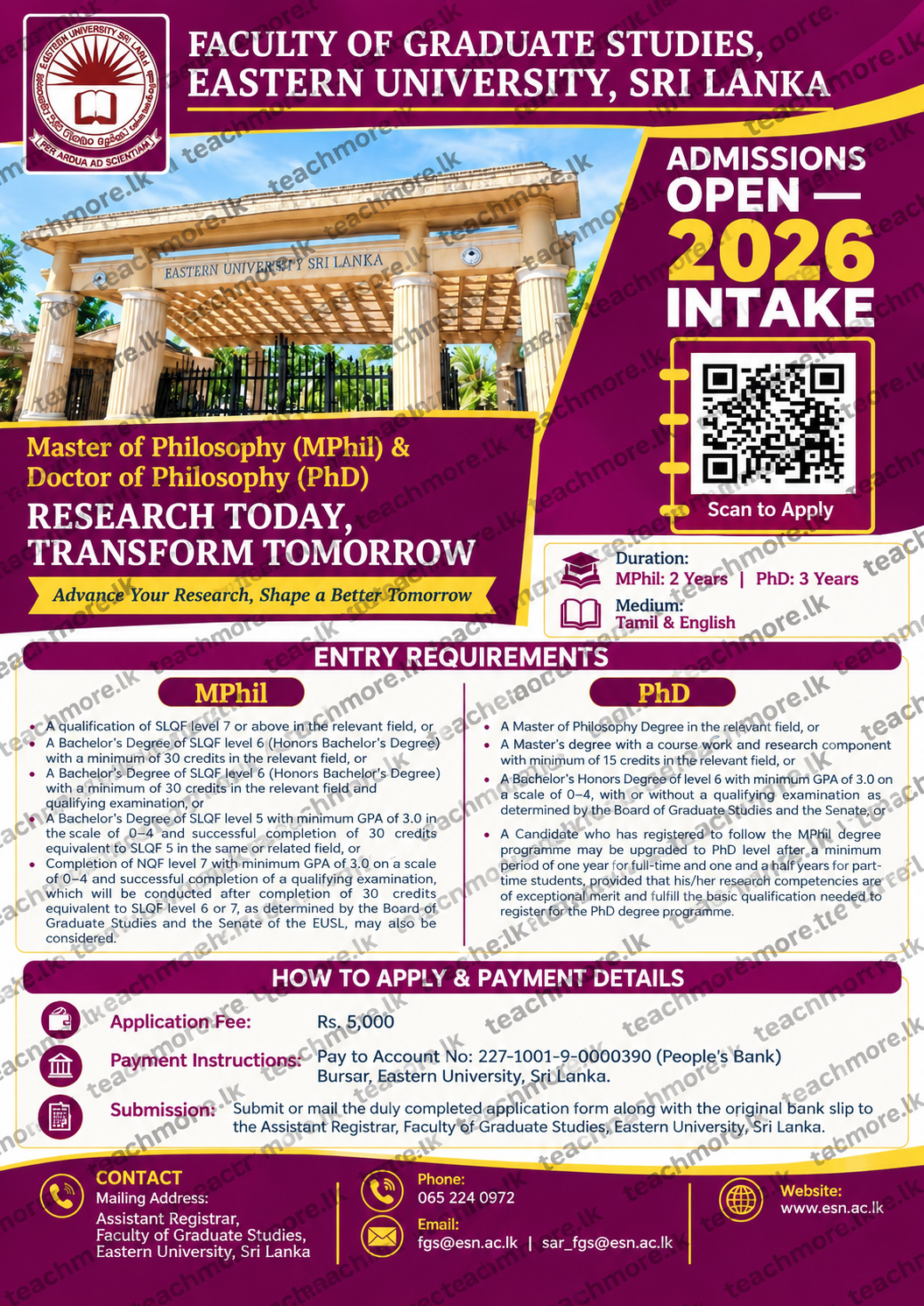 Eastern University Admissions 2026 Official Notice Poster