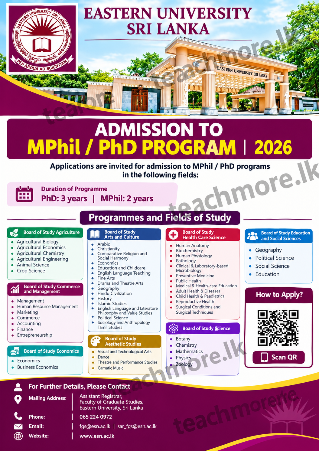 Eastern University Sri Lanka MPhil and PhD Admissions 2026 Poster