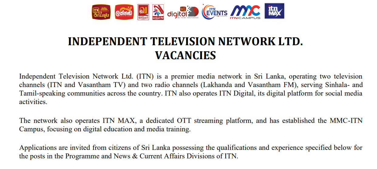 Official recruitment notice for Independent Television Network ITN Vacancies 2026