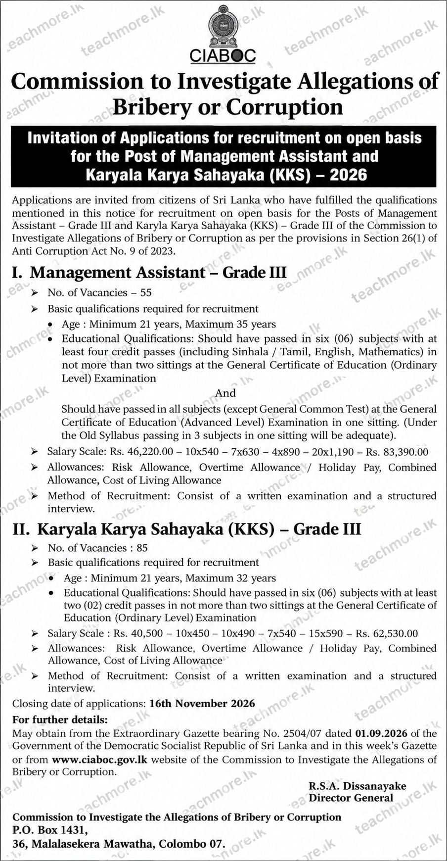 Official recruitment advertisement notice for CIABOC Management Assistant and KKS vacancies 2026