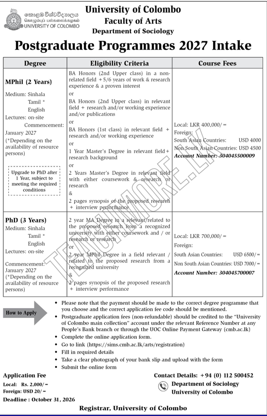 Official academic notice for MPhil and PhD Postgraduate Programmes 2027 at Department of Sociology University of Colombo