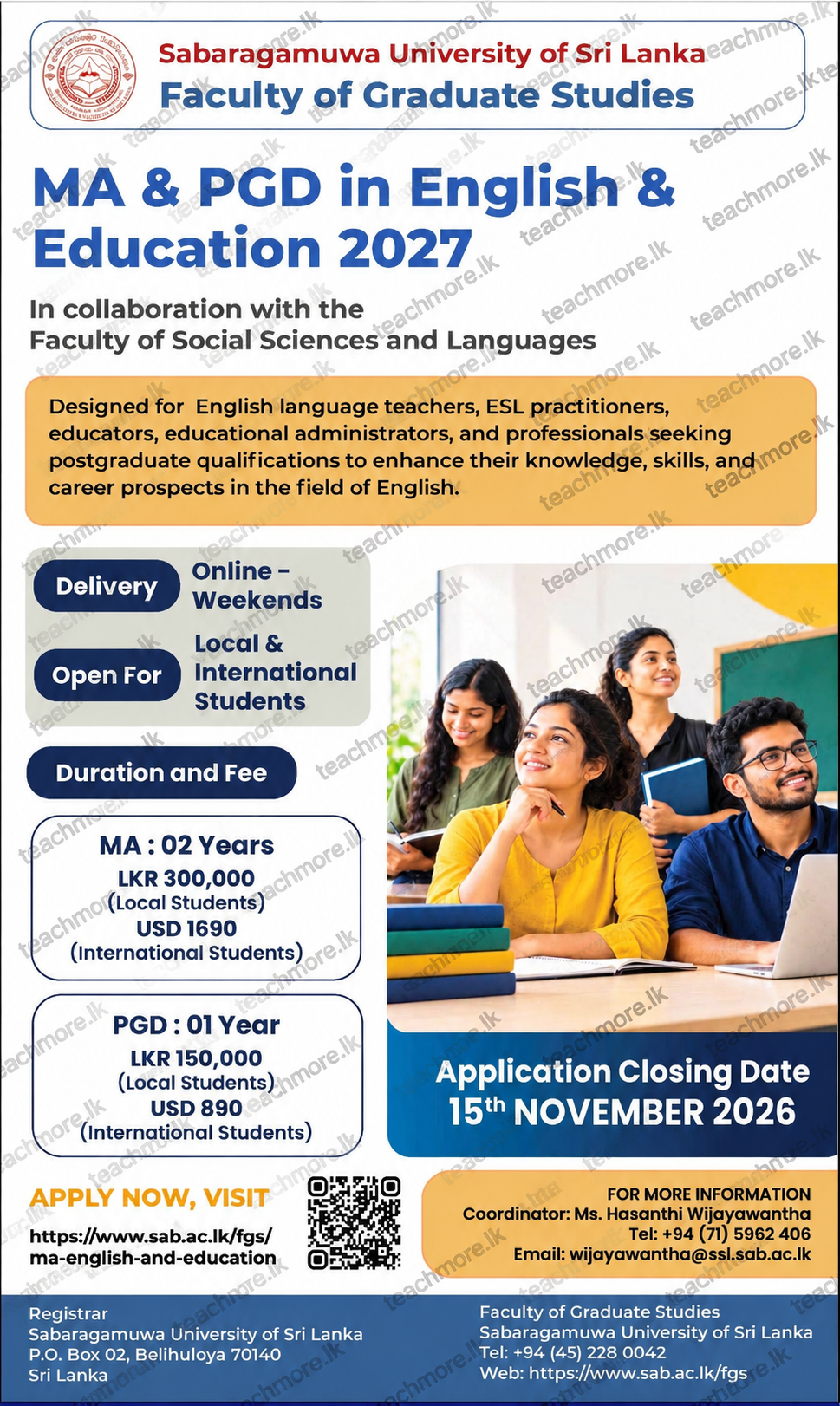 Sabaragamuwa University MA and PGD in English and Education 2027 Admission Poster